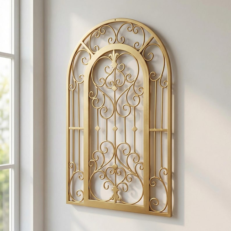 Vintage iron gate inspired metal wall hanging with arched silhouette and intricate details, decorative wall art for rustic and gothic interiors