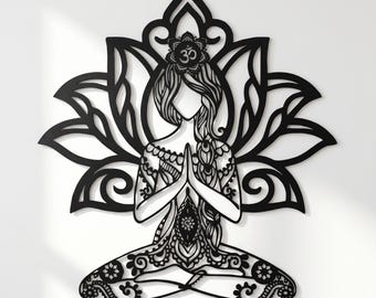 Yoga Woman Metal Wall Art, Lotus Meditation Decor, Spiritual Boho Wall Hanging, Zen Room Decor, Namaste Gift for Yoga Lovers