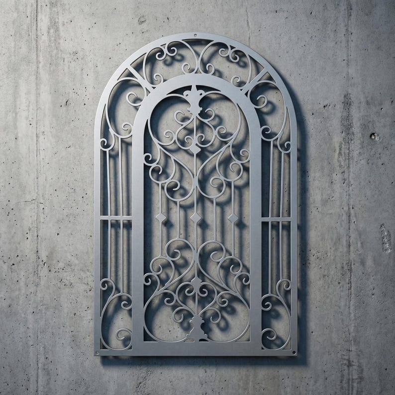 Decoración de pared de metal con ventana ornamentada, decoración de pared con arco gótico, decoración de puerta de hierro vintage, elegante adorno de pared de metal, regalo de decoración rústica para el hogar imagen 6