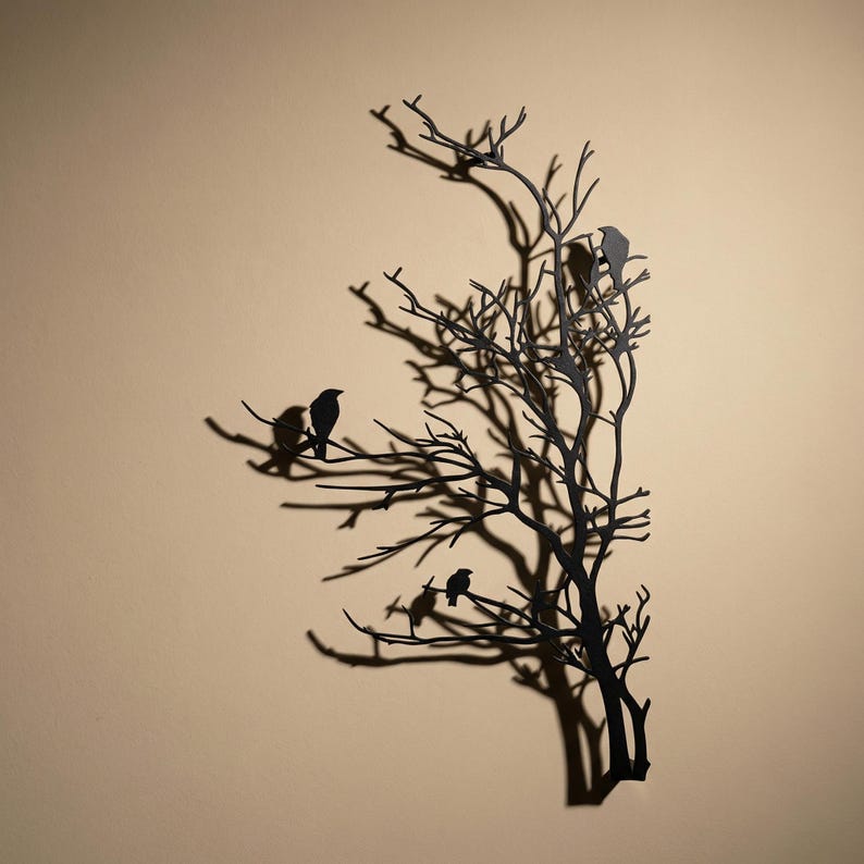 Birds on Tree Metal Wall Art, Rustic Bird Branch Decor, Vertical Nature ...