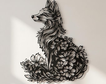 Arte mural de zorro en metal, decoración floral de zorro para pared, letrero metálico de animales del bosque, adorno de pared de naturaleza, decoración rústica bohemia para el hogar, regalo para amantes de los animales.