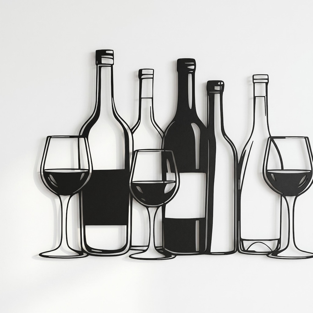 Wine Bottles Metal Wall Art, Kitchen Bar Decor, Rustic Wine Glass Wall ...