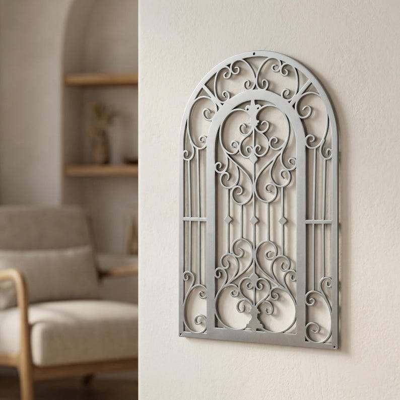 Ornate window metal wall art with gothic arch shape and decorative scrollwork, elegant vertical wall decor for entryway, bedroom, or hallway