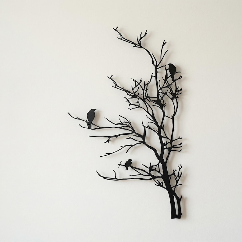 Birds on Tree Metal Wall Art, Rustic Bird Branch Decor, Vertical Nature ...