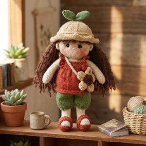 Peut inclure: Une poupée tricotée à la main avec des cheveux bruns, vêtue d'un haut rouille, d'un short vert et d'un chapeau beige avec des accents de feuilles vertes. La poupée a un sac à main en forme de fleur beige et se trouve sur une étagère en bois.