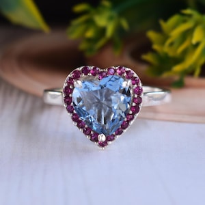 London Blue Topaz Heart Ring in Sterling Silver, Pink Ruby Halo Promise Ring, Deep Blue Gemstone Jewelry, Romantic Anniversary Gift for Her