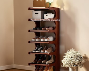 Bamboo Shoe Rack, Freestanding Shoe Storage Shelf, Vertical Shoe Organizer for Narrow Closet, Entryway, Hallway