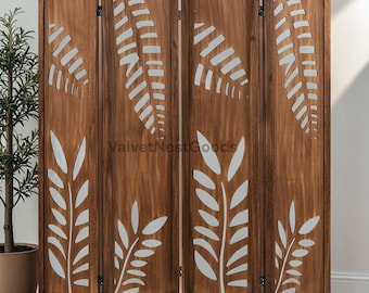 Boho Rustic Room Divider, 4 Panel Carved Leaf Folding Wood Screen, 67 Inch Freestanding Privacy Partition for Bedroom, Living Room Decor