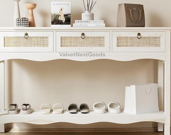 Narrow Rattan Console Table with Drawers and Storage Shelf - 51" Boho Entryway Table  | Sofa Table for Hallway, Living Room, White Oak