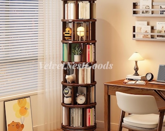 Rotating Bookshelf 6 Tier, Wooden Book Tower with Wheels, Corner Shelf for Small Spaces, Spinning Bookcase Storage for Bedroom Living Room