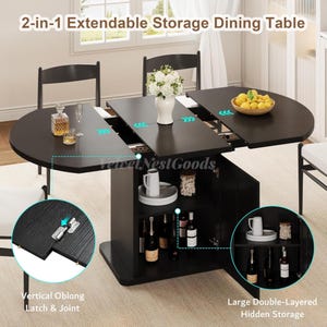 May include: A black 2-in-1 extendable storage dining table with a vertical oblong latch and joint. The table has a large double-layered hidden storage compartment. The table is set with a vase of flowers, glasses, and a bowl of lemons.