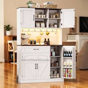 Pantry Cabinet with LED Light Outlet Microwave Shelf, Kitchen Pantry Storage Cabinet 6 Hooks Drawer Adjustable Shelf, Kitchen Hutch White