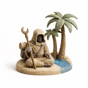 Figura de monje viajero del oasis / Escultura de escritorio impresa en 3D pintada a mano, decoración zen para el hogar