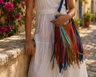 Leder Fransen Tasche Frauen, mehrfarbige Boho Crossbody Geldbörse, Western Quaste Schultertasche, Festival Hippie Tasche, Geschenk für Sie