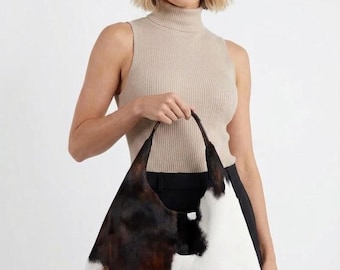 Hobotas rundleder voor dames, Hairon Hide leren losse schoudertas, bonthandtas met koeienprint cadeau