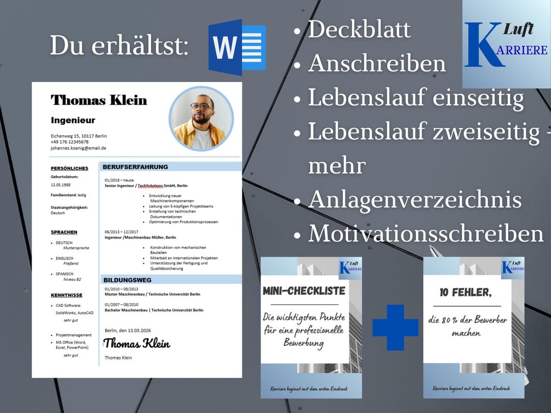 German Resume Template Word / CV, Cover Letter & Application Set ...