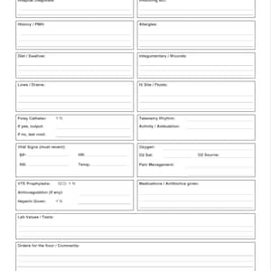 Op de afbeelding: Een Telemetrie Handoff Report formulier afgedrukt op US Letter-papier. Het formulier bevat secties voor patiëntinformatie, medische geschiedenis, vitale functies en medicatiedetails. Het document is ontworpen voor professionals in de gezondheidszorg.