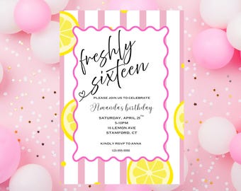 Uitnodiging voor feest Sweet Sixteen, Freshly Sixteen, 16e verjaardag (digitale download)