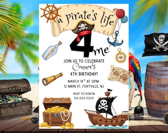 Op de afbeelding: Een piratenthema verjaardagsfeest uitnodiging met een piratenschip, schatkisten en een papegaai. De uitnodiging luidt "a pirate's life" en bevat details voor Connor's 4e verjaardag op 14 maart.