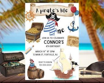 Pirate 4th Birthday Invitation Template, Editable Pirate Party Invite (Digital Download)