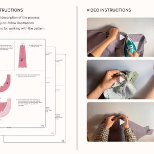 May include: Image showing PDF and video instructions. The PDF instructions include a detailed description of the process, clear illustrations, and instructions for working with the pattern. The video instructions show hands working with fabric and an iron.