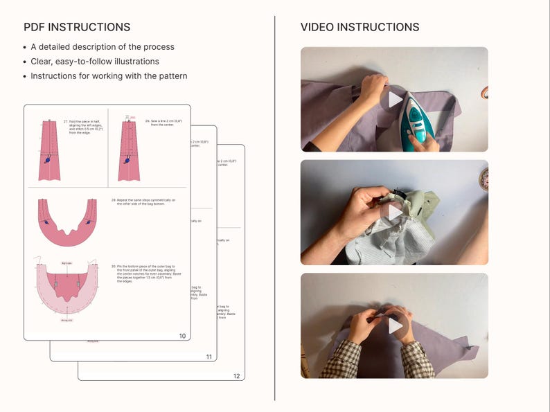 May include: Image showing PDF and video instructions. The PDF instructions include a detailed description of the process, clear illustrations, and instructions for working with the pattern. The video instructions show hands working with fabric and an iron.