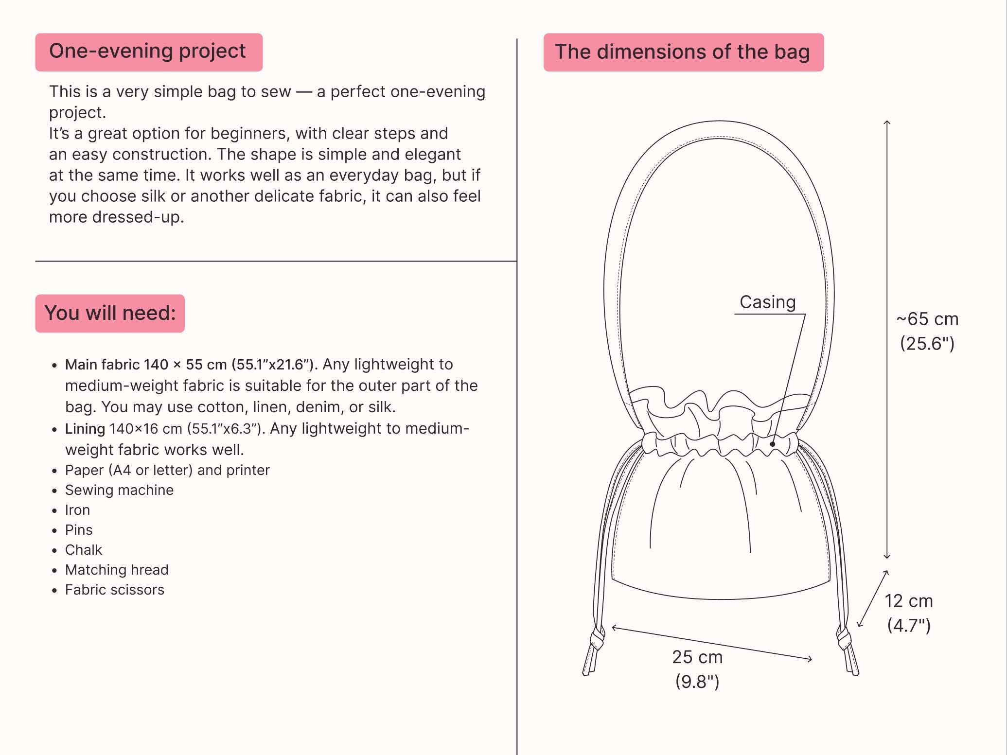 PDF Drawstring Bag Sewing Pattern – Beginner Friendly, Easy, Casual ...