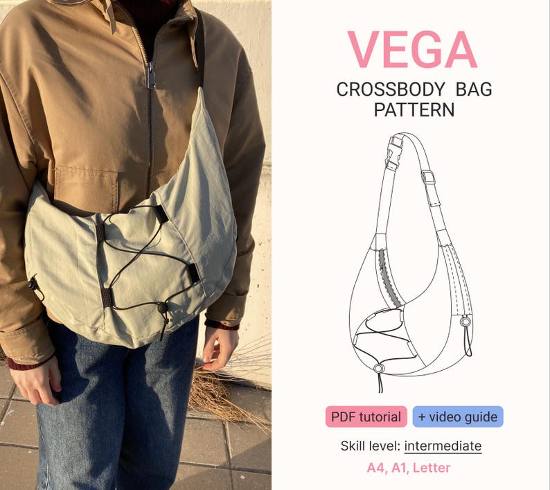 May include: A light green crossbody bag with black drawstrings and a long strap. The bag is worn over the shoulder. The image also includes a diagram of the bag and text that reads "VEGA CROSSBODY BAG PATTERN".