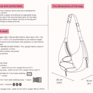 May include: Diagram of a sling bag with dimensions: 35 cm (3.8") wide, 10 cm (4") deep, and 36 cm (14") high. The bag has an adjustable strap, zipper, and drawstrings. Text includes "Practical and comfortable" and a list of materials.