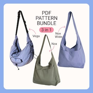 Op de afbeelding: Een PDF-patroonbundel 3 in 1 met drie tassen: een lichtblauwe hobo-tas met een zwarte verstelbare riem en trekkoord, een saliegroene schoudertas en een lichtblauwe schoudertas genaamd Nox Wide. De tekst luidt PDF PATTERN BUNDLE 3 in 1.