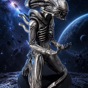 May include: A silver-toned Xenomorph figurine in a kneeling position, featuring an elongated head, ribbed tubing along the back, and a segmented tail. The creature has a metallic finish with intricate biomechanical details and is mounted on a circular black base.
