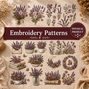 May include: A collection of embroidery patterns featuring lavender and daisy floral designs, including bouquets, potted plants, wreaths, and butterflies. A dark red horizontal banner across the center displays the text Embroidery Patterns.
