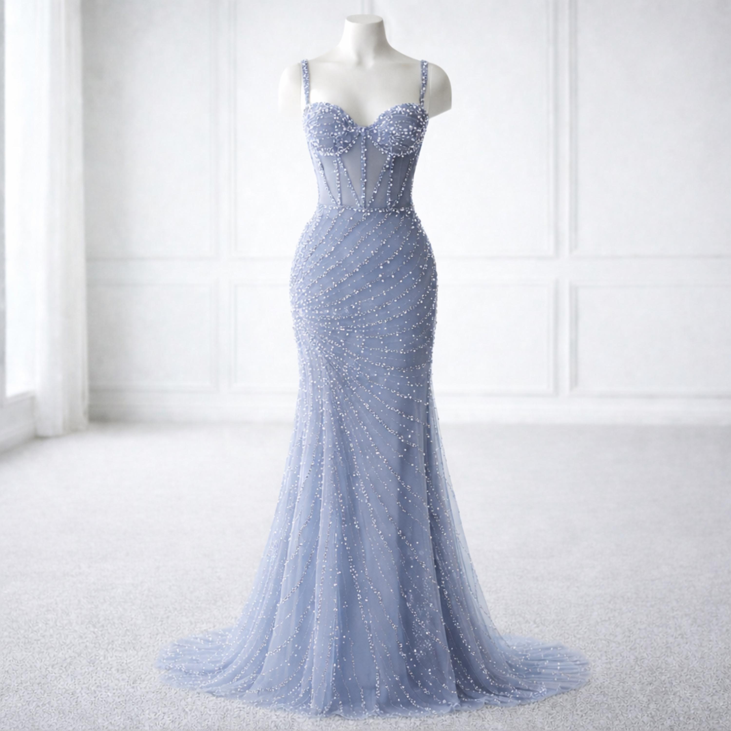 dusty blue mermaid dress Sheer-Corset Long Mermaid Prom Dress with Beads Silver / 10 main image 1