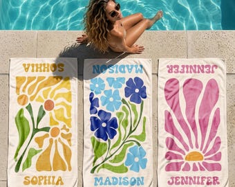 Custom Retro Floral Beach Towel, Personalized Name Towel for Baby Girl, Summer Vacation, Bachelorette Party Towel, Floral Pool Towel
