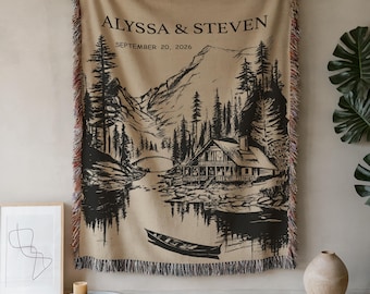 Personalized Mountain Woven Blanket, Custom Couple Name & Date Throw, National Park Wedding Gift, Anniversary Gift, Forest Hiking Decor