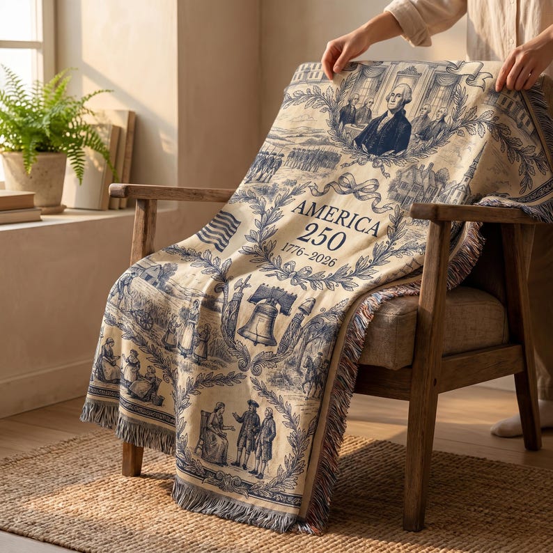 May include: A beige and blue throw blanket draped over a wooden chair. The blanket features historical illustrations and the text "AMERICA 250 1776-2026". The blanket has a fringed edge.