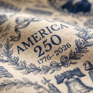 May include: Close-up of a beige fabric with a blue embroidered design. The text "AMERICA 250 1776-2026" is prominently displayed within a laurel wreath. Additional blue illustrations include the Liberty Bell and an American flag.