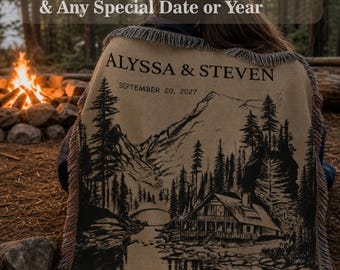Personalized Mountain Woven Blanket, Custom Couple Name & Date Throw, National Park Wedding Gift, Anniversary Gift, Forest Hiking Decor