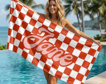 Personalized Checkered Beach Towel, Custom Groovy Name Bath Towel, Retro Vibes Beach, Pool Towel, Bachelorette Party, Summer Vacation Gift