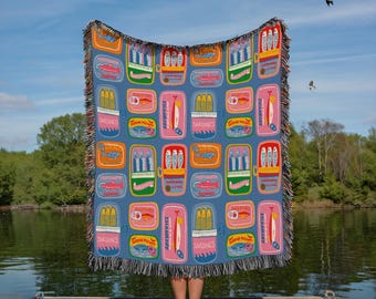 Vintage Woven Sardine Tin Blanket, Coastal Grandmother Decor, Maximalist Tinned Fish Tapestry, Foodie Gift Idea, Mid Century Picnic Throw