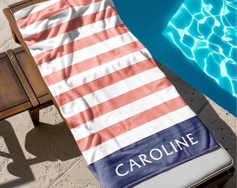 Custom Name Stripe Beach Towel, Personalized Monogram Pool Towel, Signature Beach Towel For Kids, Vacation Gift, Family Trip Essential