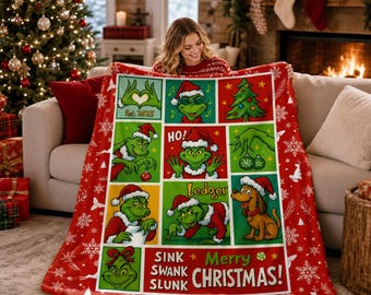 Personalized Grinchmas Christmas Blanket, Custom Name Greench Blanket, Cartoon Fleece Minky Sherpa Throw, Funny Kids Blanket, Christmas Gift