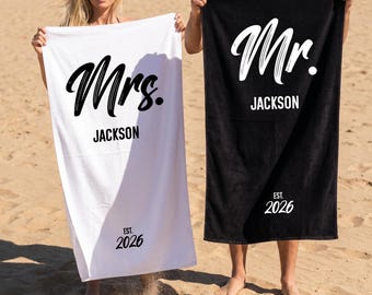 Personalized Mr & Mrs Beach Towels, Custom Couple Beach Towels, Honeymoon Gift for Newlyweds, Bridal Shower and Wedding Gift