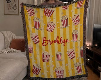 Personalized Movie Night Blanket, Custom Popcorn Throw, Family Name Blanket, Movie Lover Gift, Home Theater Decor, Minky Sherpa Blanket