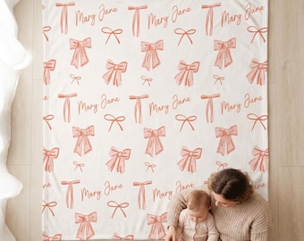 Personalized Pink Bow Blanket, Custom Baby Shower Gift, Cozy Baby Name Blanket, Coquette Aesthetic, Newborn Baby Girl Throw