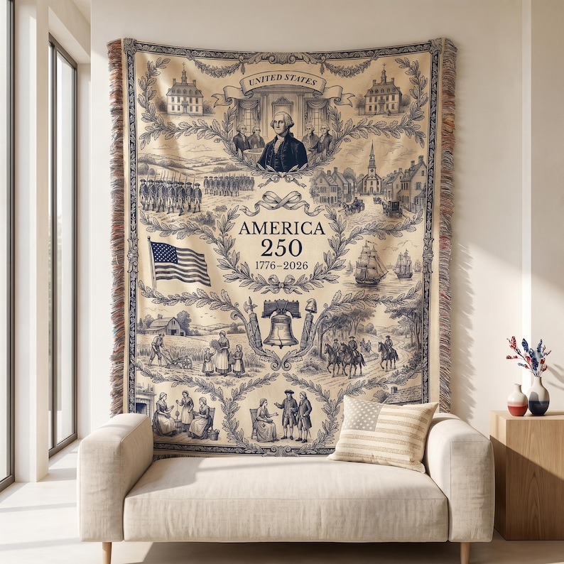 May include: A beige and navy blue tapestry with a historical illustration of the United States. The tapestry features images of George Washington, the American flag, and the text "AMERICA 250 1776-2026". The tapestry has a fringed edge and is displayed above a beige sofa.