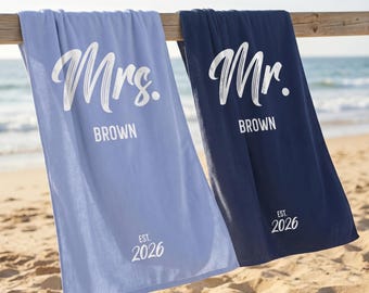 Personalized Mr & Mrs Beach Towels, Custom Couple Beach Towels, Honeymoon Gift for Newlyweds, Bridal Shower and Wedding Gift