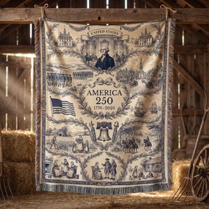 May include: Cream-colored woven throw blanket with a blue and white historical design. Features illustrations of historical figures, buildings, and the American flag. The text "AMERICA 250 1776-2026" is prominently displayed.
