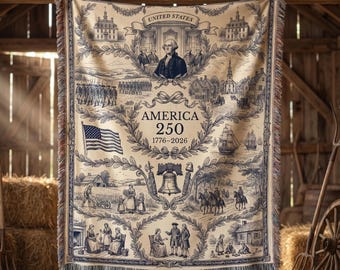 America 250 Woven Blanket, Colonial Toile Patriotic Throw, USA Semiquincentennial Decor, Jacquard Vintage Americana, Family Members Gift
