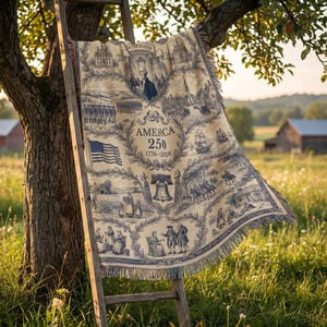 May include: A cream-colored throw blanket with a blue and white historical design, draped over a wooden ladder. The blanket features illustrations of historical figures, buildings, and the American flag, with the text "AMERICA 250 1776-2006".